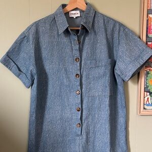 FRNCH Short Sleeve Denim-Look Button Romper - Blue